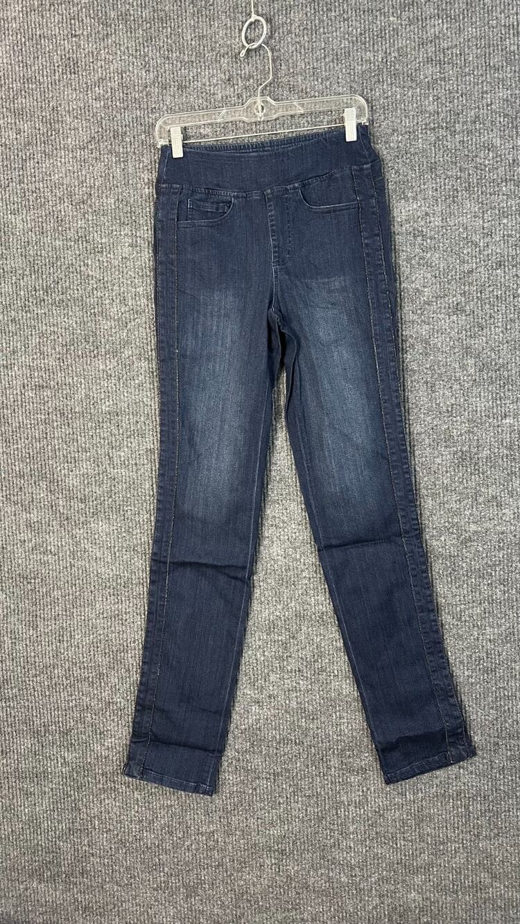 Belle Kim Gravel Jeans Womens 4 Tall Blue Dark Wash Beaded Slim Straight Denim